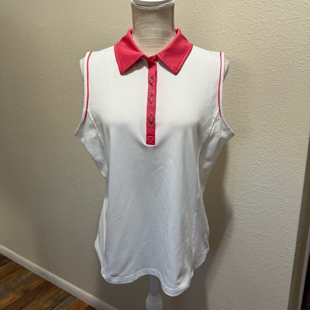 Bette & Court Womens Top Size Large White pink Rhinestones Sleeveless Snap